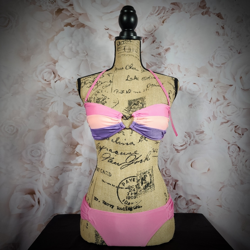 NWOT Hot Kiss Pink and Purple Halter Bandeau Bikini
